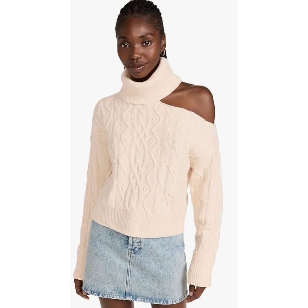 PAIGE Wool Turtleneck Cable Crop Sweater In Ivory NWT Size Large